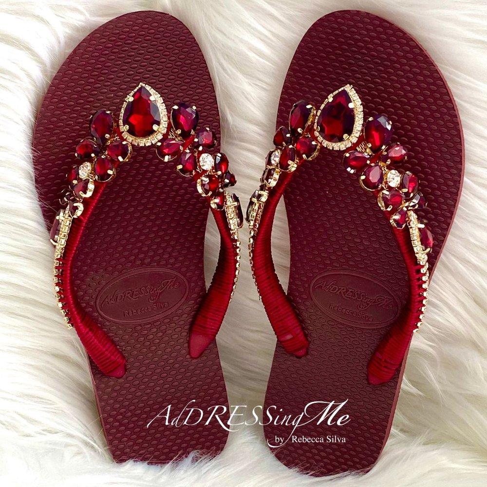 AdDRESSingMe Flip Flops With Rhinestones Burgundy